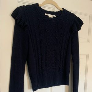 Veronica Beard Blue Crew Neck blue Sweater ruffle shoulder & pompoms size small